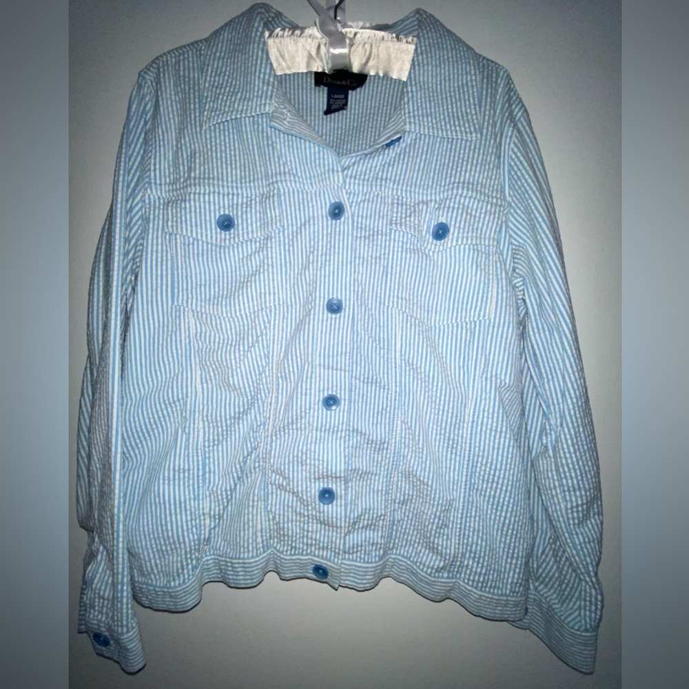 Denim & Co Light Blue Striped Seersucker women’s Jacket Size L Large